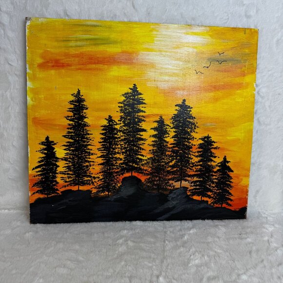 Sunset Forest Silhouette Acrylic Painting On Wood Panel by Pencil to Paint - Picture 1 of 7